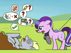 Size: 1280x960 | Tagged: safe, artist:flutterluv, part of a set, character:derpy hooves, character:rainbow dash, character:starlight glimmer, species:pegasus, species:pony, species:unicorn, newbie artist training grounds, crash, dizzy, glowing horn, horn, kite, kite flying, on back, pictogram, swirly eyes