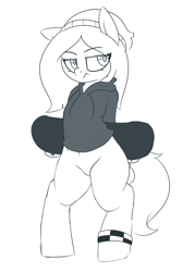 Size: 2000x2800 | Tagged: safe, artist:notenoughapples, oc, oc:lonely light, species:earth pony, species:pony, beanie, clothing, hat, hoodie, monochrome, skateboard, solo
