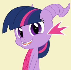 Size: 698x692 | Tagged: safe, artist:queencold, character:twilight sparkle, species:dragon, g4, cover art, cute, diabetes, dragoness, dragonified, fanfic, fanfic art, fanfic cover, female, looking at you, simple background, species swap, three quarter view, twiabetes, twilidragon, yellow background