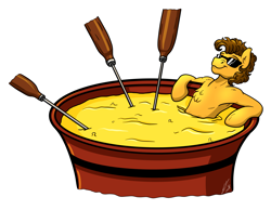 Size: 4505x3500 | Tagged: safe, artist:lupiarts, artist:snoopystallion, character:cheese sandwich, armpits, cheese, chest fluff, collaboration, comic sins, digital art, fondue, food, funny, jacuzzi, relaxing, smiling, sunglasses