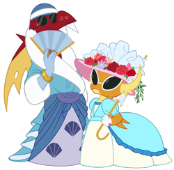Size: 1016x991 | Tagged: safe, artist:queencold, character:garble, character:smolder, species:dragon, bracelet, brother and sister, clothing, crossdressing, dragoness, dress, duo, fan, female, flower, gloves, hat, jewelry, male, siblings, simple background, sunglasses, transparent background, umbrella