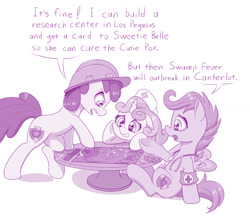 Size: 1280x1106 | Tagged: safe, artist:dstears, character:apple bloom, character:scootaloo, character:sweetie belle, species:pegasus, species:pony, newbie artist training grounds, atg 2019, clothing, cutie mark crusaders, dialogue, female, filly, hard hat, hat, nurse hat, pandemic, stethoscope