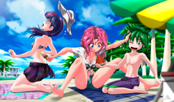 Size: 3528x2078 | Tagged: safe, artist:mauroz, character:pinkie pie, character:spike, character:twilight sparkle, species:human, armpits, barefoot, beach, breasts, cleavage, clothing, cold, cute, denim shorts, feet, food, full body, hat, human spike, humanized, legs, lineart, male, male feet, open mouth, popsicle, sarong, shirt, shorts, skirt, soles, surprised, swimming trunks, swimsuit, t-shirt, thighs, toes, tongue out, upscaled, watermark, watermelon