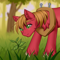 Size: 1000x1002 | Tagged: safe, artist:margony, character:big mcintosh, species:pony, freckles, grass, macabetes, male, nature, outdoors, planting, smiling, solo