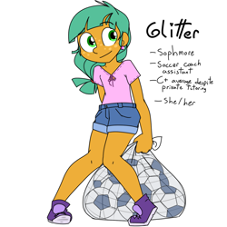 Size: 1500x1500 | Tagged: safe, artist:kryptchild, character:snails, my little pony:equestria girls, ball, clothing, cute, denim shorts, ear piercing, earring, female, football, freckles, glitter shell, jewelry, piercing, shirt, shoes, shorts, sneakers, solo, sports, trans female, transgender