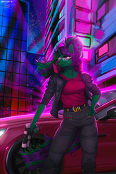 Size: 800x1200 | Tagged: safe, artist:margony, artist:orfartina, oc, oc only, oc:buggy code, species:anthro, anthro oc, car, city, clothing, collaboration, cyberpunk, night, pants, solo, stars, vehicle, ych result