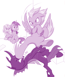 Size: 1082x1280 | Tagged: safe, artist:dstears, character:amethyst star, character:derpy hooves, character:dinky hooves, character:sparkler, species:changeling, species:pegasus, species:pony, species:unicorn, best mom ever, beware the nice ones, epic derpy, equestria's best mother, female, fight, filly, guardian, guardian (web video), kicking, mare, protecting, pwned, serious, serious face