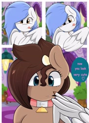 Size: 2979x4096 | Tagged: safe, artist:ribiruby, oc, oc only, oc:ruby big heart, oc:vector cloud, species:earth pony, species:pegasus, species:pony, collar, comic, cow pony, dialogue, duo, female, freckles, mare, marker, smiling, speech bubble, tongue out, wing hold