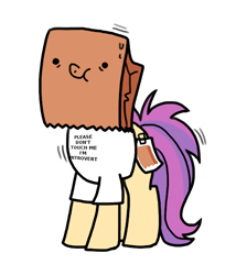 Size: 600x700 | Tagged: safe, artist:paperbagpony, oc, oc:paper bag, species:earth pony, species:pony, clothing, fake cutie mark, introversion, paper bag, scrunchy face, shaking, shirt, simple background, sweat, white background