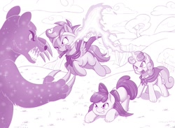 Size: 1600x1168 | Tagged: safe, artist:dstears, character:apple bloom, character:scootaloo, character:sweetie belle, species:pegasus, species:pony, fighting is magic, badass, badass adorable, chrono trigger, cute, cutie mark crusaders, female, flying, headband, katana, magic, parody, scootaloo can fly, sweetie belle's magic brings a great big smile, sword, this will end in tears and/or death and/or covered in tree sap, ursa minor, weapon