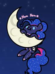 Size: 1280x1707 | Tagged: safe, artist:flutterluv, character:pinkie pie, species:pony, series:flutterluv's full moon, bodypaint, clothing, cosplay, costume, cute, diapinkes, dot eyes, eating, edible heavenly object, female, moon, night, nom, onomatopoeia, paint, paint in hair, paint on fur, sky, solo, tangible heavenly object