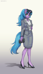 Size: 767x1300 | Tagged: safe, artist:margony, oc, oc only, species:anthro, species:plantigrade anthro, species:pony, species:unicorn, anthro oc, clothing, commission, female, high heels, mare, shoes, smiling, solo