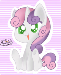 Size: 800x975 | Tagged: safe, artist:snow angel, character:sweetie belle, species:pony, species:unicorn, colored pupils, cute, diasweetes, female, filly, open mouth, pixiv, sitting, solo, striped background