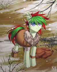 Size: 900x1132 | Tagged: safe, artist:margony, oc, oc only, oc:redchetgreen, species:earth pony, species:pony, eye clipping through hair, multicolored hair, saddle bag, snow, solo