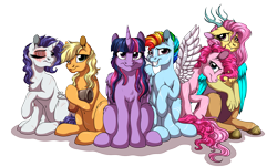 Size: 3900x2350 | Tagged: safe, artist:lupiarts, character:applejack, character:fluttershy, character:pinkie pie, character:rainbow dash, character:rarity, character:twilight sparkle, character:twilight sparkle (alicorn), species:alicorn, species:draconequus, species:earth pony, species:pegasus, species:pony, species:unicorn, fanfic:my little pony: the unexpected future, aftermath, amputee, artificial wings, augmented, commission, draconequified, flutterequus, mane six, missing eye, missing limb, prosthetic limb, prosthetic wing, prosthetics, reunion, scar, simple background, sitting, species swap, stump, transparent background, wings