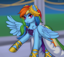 Size: 1200x1068 | Tagged: safe, artist:margony, character:rainbow dash, species:pegasus, species:pony, episode:the best night ever, g4, my little pony: friendship is magic, clothing, dress, eyeshadow, female, gala dress, hoof shoes, looking at you, makeup, rainbow dash always dresses in style, smiling, solo