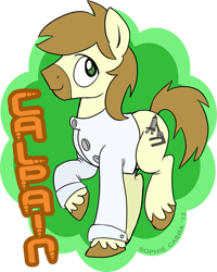 Size: 479x600 | Tagged: source needed, useless source url, safe, artist:spainfischer, oc, oc only, oc:calpain, species:earth pony, species:pony, clothing, lab coat, solo, text, unshorn fetlocks