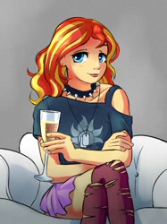 Size: 832x1112 | Tagged: source needed, safe, artist:gsphere, character:sunset shimmer, species:human, my little pony:equestria girls, champagne, champagne glass, clothing, collar, couch, crossed arms, crossed legs, dog tags, ear piercing, earring, female, glass, humanized, jewelry, love seat, piercing, skirt, smiling, socks, solo, spiked collar, stockings, thigh highs, thighs, torn clothes, wine glass