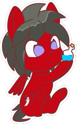 Size: 563x900 | Tagged: safe, artist:up1ter, oc, oc:crimson swift, species:pegasus, species:pony, bottle, chibi, cute, floating wings, sitting, solo, wings