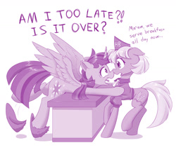 Size: 1280x1098 | Tagged: safe, artist:dstears, character:twilight sparkle, character:twilight sparkle (alicorn), species:alicorn, species:earth pony, species:pony, clothing, counter, dialogue, female, mare, monochrome, slippers, spread wings, stressed, talking, the hayburger, twilighting, uniform, wings