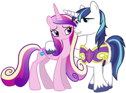 Size: 3000x2225 | Tagged: safe, artist:andoanimalia, artist:punchingshark, edit, editor:slayerbvc, character:princess cadance, character:queen chrysalis, character:shining armor, species:alicorn, species:pony, species:unicorn, ship:shiningcadance, episode:a canterlot wedding, g4, my little pony: friendship is magic, accessory-less edit, armor, barehoof, bedroom eyes, female, hoof around neck, lip bite, male, mare, missing accessory, royal guard armor, shipping, simple background, stallion, straight, transparent background, vector, vector edit