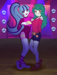 Size: 788x1024 | Tagged: safe, artist:rileyav, character:sonata dusk, character:wallflower blush, equestria girls:sunset's backstage pass, g4, my little pony: equestria girls, my little pony:equestria girls, spoiler:eqg series (season 2), arm on shoulder, clothing, converse, cute, duo, duo female, female, flowerbetes, grin, shoes, smiling, sneakers, socks, sonatabetes, starswirl music festival