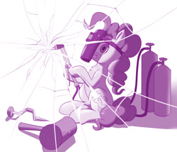 Size: 1280x1096 | Tagged: safe, artist:dstears, character:pinkie pie, species:earth pony, species:pony, acetylene torch, blowtorch, breaking the fourth wall, chest fluff, cracked, cracked screen, cracks, female, fourth wall, glass, grin, hammer, looking at you, mallet, mare, screen, sledgehammer, smiling, solo, welding, welding mask
