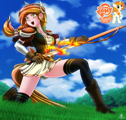 Size: 2268x2152 | Tagged: safe, artist:mauroz, oc, oc only, oc:pyra blaze, species:human, anime, boots, clothing, commission, female, fire, grass field, humanized, humanized oc, miniskirt, shoes, skirt, socks, solo, stockings, sword, thigh highs, thighs, weapon