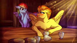 Size: 3840x2160 | Tagged: safe, artist:lupiarts, character:rainbow dash, character:spitfire, species:pegasus, species:pony, ship:spitdash, 4k, alcohol, bar, blushing, collaboration, drunk, female, glass, implied spitdash, lesbian, looking at each other, shipping, tragic