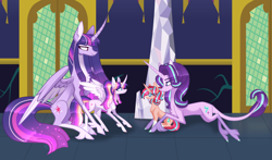 Size: 3612x2125 | Tagged: safe, artist:sugaryicecreammlp, character:starlight glimmer, character:twilight sparkle, character:twilight sparkle (alicorn), oc, oc:aura sparkle, oc:magic star, parent:flash sentry, parent:starlight glimmer, parent:sunburst, parent:twilight sparkle, parents:flashlight, parents:starburst, species:alicorn, species:pony, species:unicorn, alicorn oc, chest fluff, curved horn, female, filly, glasses, horn, leonine tail, mare, offspring, unshorn fetlocks