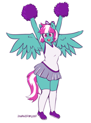 Size: 2095x2854 | Tagged: safe, artist:rainbowsprinklesart, character:spring step, character:sunlight spring, species:anthro, species:pony, armpits, bow, cheering, cheerleader, cheerleader outfit, clothing, cute, female, kneesocks, mare, miniskirt, pleated skirt, pom pom, ribbon, shoes, skirt, socks, solo, thighs