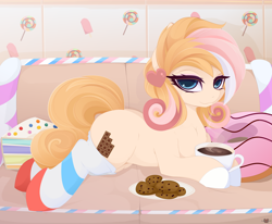 Size: 6075x5000 | Tagged: safe, alternate version, artist:xsatanielx, rcf community, oc, oc only, oc:laurie magmel, species:earth pony, species:pony, clothing, coffee, coffee mug, commission, cookie, female, food, looking at you, mare, mug, prone, socks, solo, striped socks