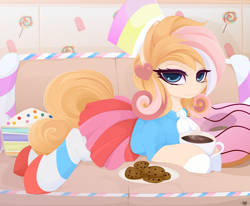 Size: 6075x5000 | Tagged: safe, alternate version, artist:xsatanielx, rcf community, oc, oc only, oc:laurie magmel, species:earth pony, species:pony, beautiful, chocolate, clothing, coffee, coffee mug, commission, cookie, female, food, hat, hot chocolate, looking at you, mare, mug, pleated skirt, prone, skirt, socks, solo, striped socks, thigh highs