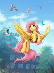 Size: 1031x1400 | Tagged: safe, artist:margony, character:fluttershy, species:bird, species:pegasus, species:pony, basket, butterfly, chest fluff, cute, ear fluff, female, flying, fruit, head turn, holding, looking at something, looking up, mare, outdoors, shyabetes, sky, smiling, solo, spread wings, tree, wings