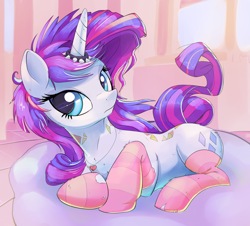 Size: 4454x4032 | Tagged: safe, artist:gsphere, character:rarity, species:pony, species:unicorn, g4, clothing, female, horn, horn ring, jewelry, looking at you, looking sideways, lying down, mare, necklace, prone, ring, socks, solo, striped socks, thigh highs
