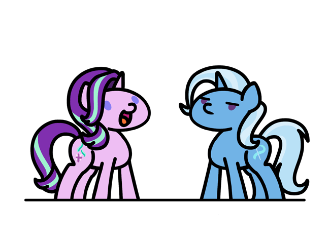 Size: 648x486 | Tagged: safe, artist:flutterluv, character:starlight glimmer, character:trixie, species:pony, species:unicorn, episode:student counsel, animated, chibi, cute, diatrixes, duo, female, glimmerbetes, mare, palindrome get, simple background, teleportation, unamused, white background