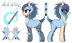 Size: 2882x1734 | Tagged: safe, artist:arctic-fox, oc, oc only, oc:ash wing, species:earth pony, species:pony, amputee, augmented, biohacking, cyber legs, eye clipping through hair, female, mare, mechanical legs, reference sheet, solo