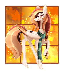 Size: 1872x2105 | Tagged: safe, artist:sugaryicecreammlp, oc, oc:autumn wish, species:pegasus, species:pony, clothing, colored wings, female, leaves, mare, multicolored wings, scarf, solo, wings