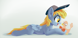 Size: 3708x1818 | Tagged: safe, artist:gsphere, character:derpy hooves, species:bird, species:pegasus, species:pony, clothing, deformed, female, happy, hat, mailmare hat, mare, open mouth, prone, solo
