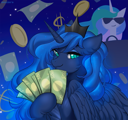 Size: 1063x1000 | Tagged: safe, artist:margony, character:princess celestia, character:princess luna, species:alicorn, species:pony, female, horn, mare, money, royal sisters, siblings, sisters, smiling, smirk, solo focus, sunglasses, wings