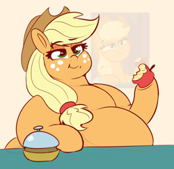 Size: 2448x2384 | Tagged: safe, artist:graphenescloset, character:applejack, species:earth pony, species:pony, alternate scene interpretation, apple, applefat, bell, belly, big belly, chubby cheeks, clothing, eating, fat, female, food, freckles, hat, herbivore, mare, obese, smiling, solo