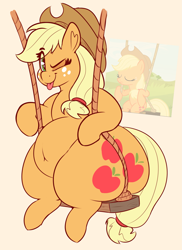 Size: 2393x3281 | Tagged: safe, artist:graphenescloset, character:applejack, species:earth pony, species:pony, episode:leap of faith, g4, my little pony: friendship is magic, alternate scene interpretation, applebucking thighs, applefat, belly, belly button, clothing, fat, female, freckles, hat, large butt, looking at you, one eye closed, solo, swing, thighs, thunder thighs, tongue out, wink