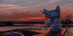 Size: 1622x800 | Tagged: safe, artist:margony, oc, oc only, species:pony, species:unicorn, cabin, clothing, fantasy class, scenery, solo, sunset, warrior, water, ych result