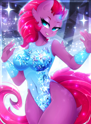 Size: 2200x3000 | Tagged: safe, artist:koveliana, character:tempest shadow, species:anthro, species:pony, species:unicorn, armband, beautiful, breasts, broken horn, busty tempest shadow, clothing, commission, eye scar, female, high res, horn, leotard, makeup, pretty, pretty pretty tempest, scar, smiling, solo, thong leotard