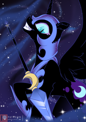 Size: 848x1200 | Tagged: safe, artist:arctic-fox, character:nightmare moon, character:princess luna, species:alicorn, species:pony, ethereal mane, evil grin, female, galaxy mane, grin, helmet, hoof shoes, mare, patreon, patreon logo, smiling, solo