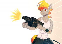 Size: 1400x990 | Tagged: safe, artist:bakki, oc, oc only, species:anthro, abs, anthro oc, clothing, commission, grenade launcher, grin, gun, m32 mgl, muzzle flash, pants, simple background, smiling, solo, tank top, weapon, white background