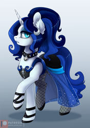 Size: 842x1200 | Tagged: safe, artist:arctic-fox, oc, oc only, species:pony, species:unicorn, clothing, collar, dress, ear piercing, earring, female, jewelry, looking at you, makeup, mare, necklace, open mouth, patreon, patreon logo, piercing, raised hoof, see-through, simple background, solo, stockings, teeth, thigh highs