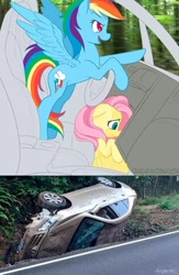 Size: 480x738 | Tagged: safe, artist:dstears, edit, character:fluttershy, character:rainbow dash, species:pony, bad end, bad idea, car accident, driving, this will end in death, this will end in tears, this will end in tears and/or death