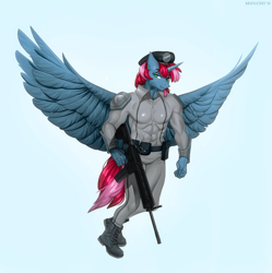 Size: 1197x1200 | Tagged: safe, artist:margony, oc, oc:somnus, species:alicorn, species:anthro, species:plantigrade anthro, g4, alicorn oc, assault rifle, big wings, boots, clothing, gun, hat, hk416, rifle, shoes, smiling, weapon, wings