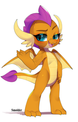 Size: 574x900 | Tagged: safe, artist:snow angel, character:smolder, species:dragon, cute, dragoness, female, looking at you, simple background, smolderbetes, solo, watermark, white background